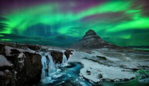 northern lights iceland kirkjufell mountain waterfall two column shutterstock